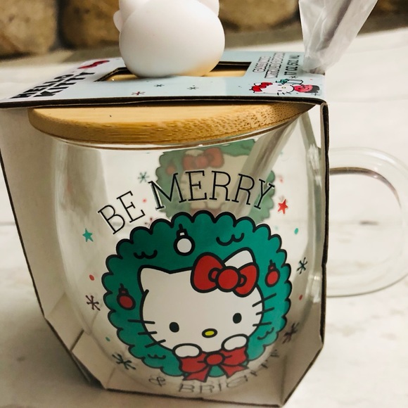 New Sanrio Hello Kitty Glass Mug Christmas Holiday Wood Lid Spoon Cup Handle - Picture 4 of 6